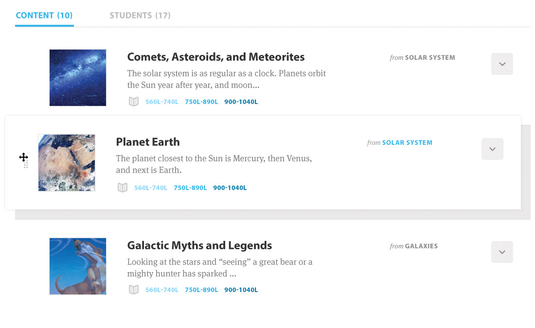 Picture of a topic with the Lexile dropdown showing