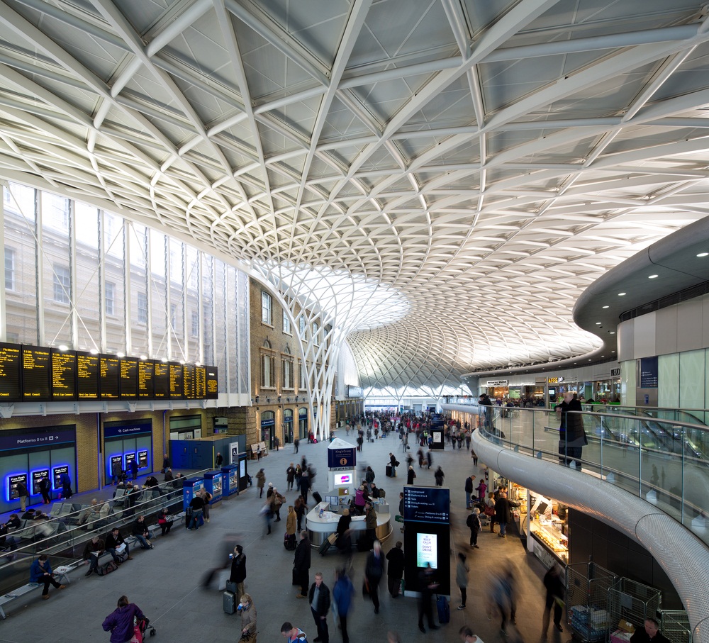 The King’s Cross Station connects the Underground (subway), commuter trains, and inter-city rail at London’s busiest transport hub. King’s Cross originally opened in 1852, but this newly renovated departures concourse opened in 2012. In the Harry Potter books, the Hogwarts Express departs from King’s Cross at “Platform 9 ¾.” (Rob van Esch/ Shutterstock)