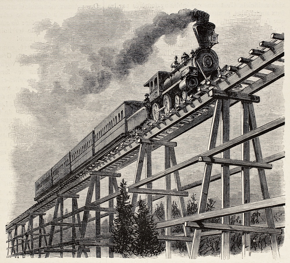 During the construction of the first transcontinental railroad, small rivers were crossed with temporary wooden bridges and later rebuilt with iron or stone. (Antonio Abrignani/ Shutterstock)