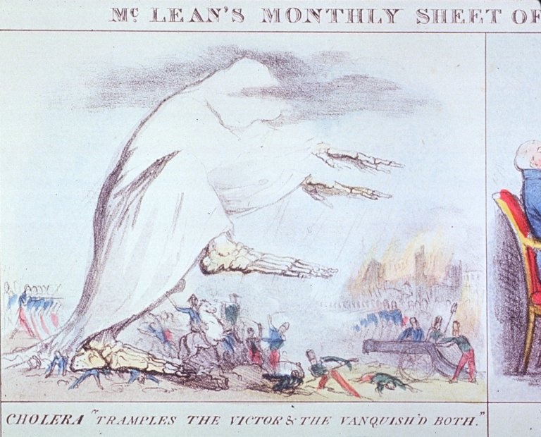 This 19th-century drawing shows death stalking the air as a cholera epidemic breaks out. Cholera is caused by the bacterium Vibrio cholerae. It is not spread to humans through the air but via drinking water and shellfish that are contaminated by the bacteria. (Image via NIAID) 