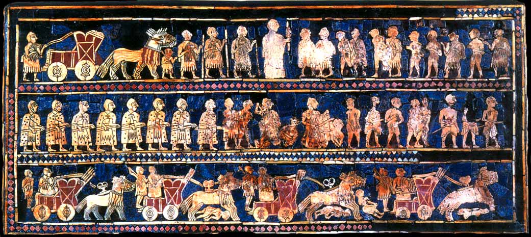 A reconstructed mosaic, dating from about 2550 BC shows ancient Sumerians and their war chariots. The top panel shows the king in the center with a group of prisoners in front of him. The mosaic was found in a royal tomb in the ancient city of Ur in Iraq. (Photo via Wikipedia) 