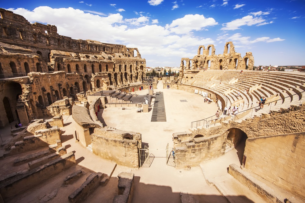 In the once-great Roman city of Thysdrus (now El Djem in Tunisia), this amphitheater, built in AD 238, seated 35,000 people who came to see gladiators fight against each other and wild lions. (Marques/ Shutterstock) 