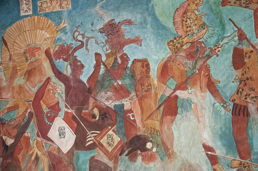 Covering the walls of a Maya temple in Chiapas, Mexico, this mural depicts a battle scene. Maya warriors carried spears with obsidian blades and engaged in hand to hand combat. Members of the royal court wore jade earrings, jaguar-skin coats, and elaborate headdresses. (Irafael/ Shutterstock) 