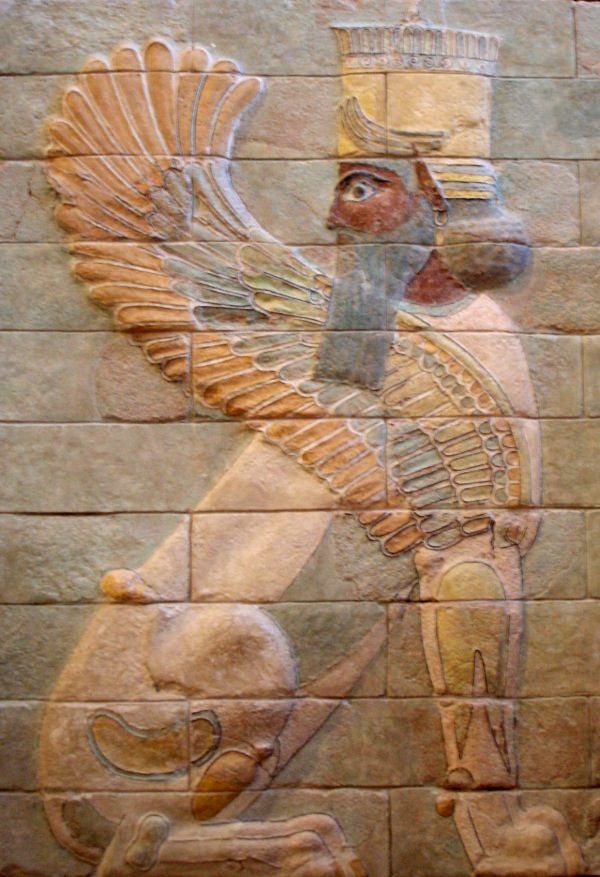 This human-headed winged lion was part of the palace of Darius the Great at Persepolis. The figure is a guardian angel called a “lamassu,” and statues of theses figures were often set at palace gates. (Photo via Wikipedia) 