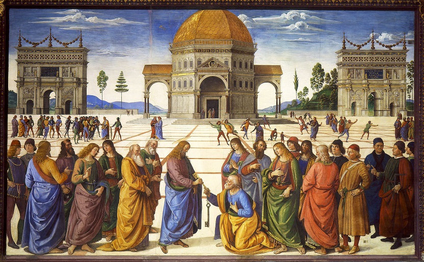 Pietro Perugino painted this fresco in the Sistine Chapel in Rome in about 1481. Called The Delivery of the Keys, it shows Christ giving St. Peter the keys to heaven. It is a powerful example of linear perspective, with the edges of the paving stones on the plaza serving as orthogonal lines and narrowing to the vanishing point near the doorway of the temple. Note the foreshortening of the human figures at different points in the background. (Image via Wikipedia)