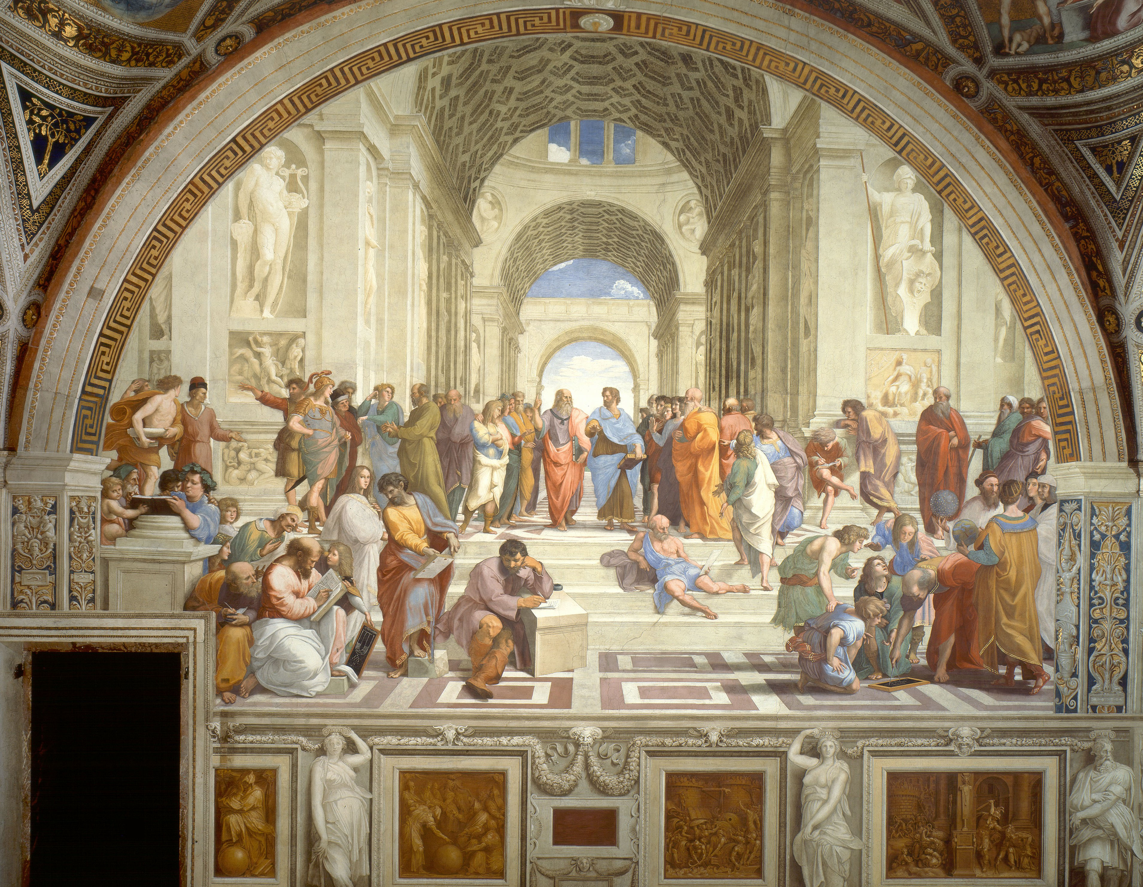 The School of Athens painted by Raphael in about 1509 typifies what the Renaissance was all about. The humanists looked back on ancient Greece and Rome as a time of cultural advancement and artistic achievement—and they wanted to bring the “light” of those times into their own age. With the ancient Greek philosophers Plato and Aristotle at the center of the action, the School of Athens pictures numerous philosophers reading, writing, listening, and discussing. This demonstrates some key beliefs of the Renaissance humanists—that society should pursue knowledge and education, that ideas both old and new are worthwhile and exciting, and that public debate is important. (Image via Wikipedia)