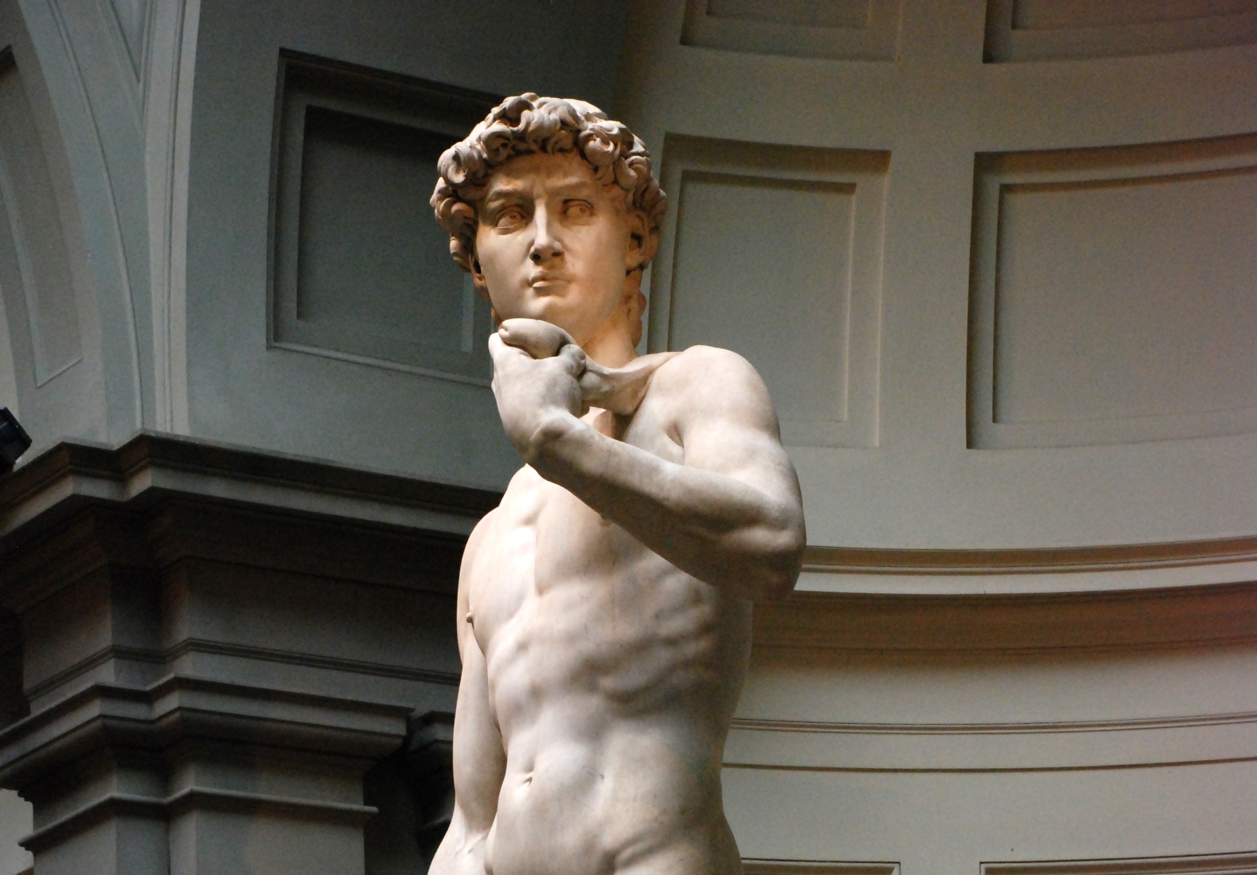Michelangelo chose to depict David in the moment before he slayed the giant. Meant to show that David was determined, courageous, and a bit fearful (as David would not know at this point if he would successfully defeat the giant), the marble forehead is tight with worry and concentration. (Image via Wikipedia)