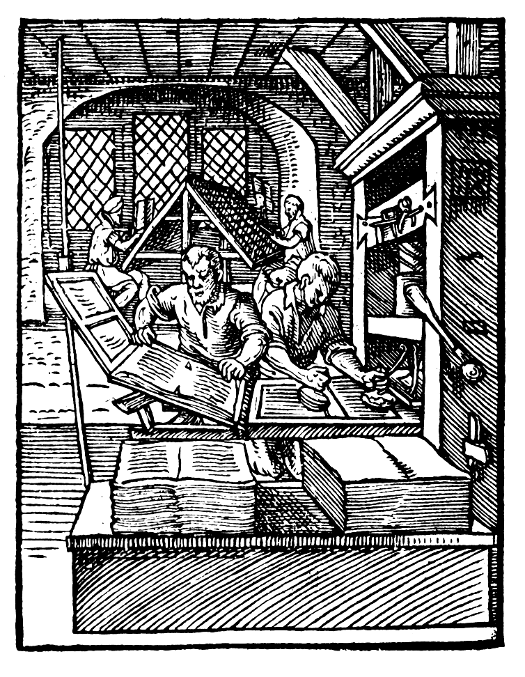 The Renaissance version of a selfie, this is a print of an early print shop. This illustration from 1568 shows two printers working together on a Gutenberg-style press—the printer on the right is inking the type for the next pressing and the printer on the left is removing a freshly printed sheet. In the background, compositors are setting new pages of type on forms. (Image via Wikipedia)