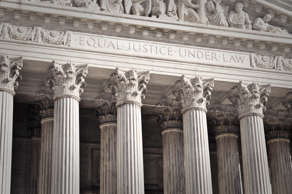 The Supreme Court Building in Washington, D.C., was built in 1935 in the style of an ancient Roman temple. The columns hold up the court’s motto, “Equal Justice Under the Law.” (Shutterstock: Brandon Bourdages)