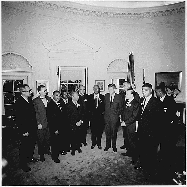 In August 1963, civil rights leaders led the historic March on Washington, where Martin Luther King, Jr., delivered his powerful “I Have a Dream” speech. After the march, JFK and his vice president, Lyndon B. Johnson, met with the march leaders to congratulate them on the march’s success and to discuss civil rights legislation. (U.S. National Archives)