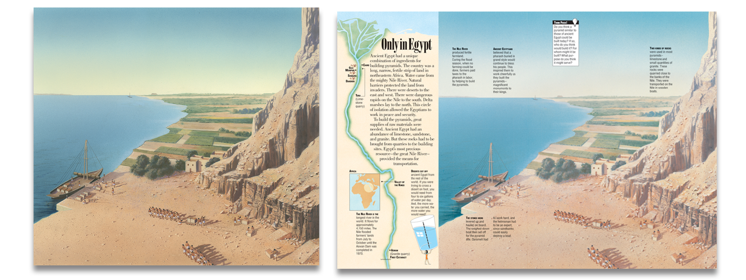 Rob Wood's illustration from Kids Discover Pyramids, before and after editorial design. 