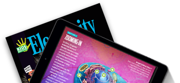 Issue of Kids Discover magazine and tablet with Kids Discover App